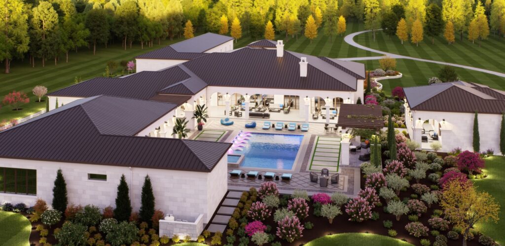 backyard view of modern custom home with pool