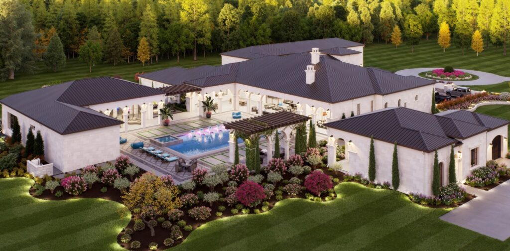 backyard view of modern custom home with pool