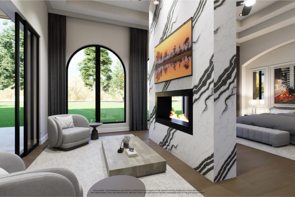 Master sitting area and built in fireplace