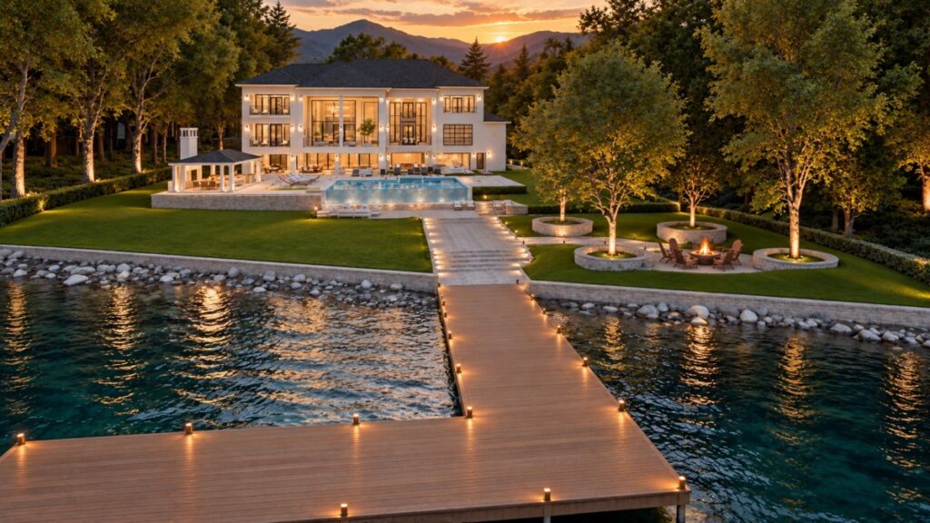 water front view from pool with walking path