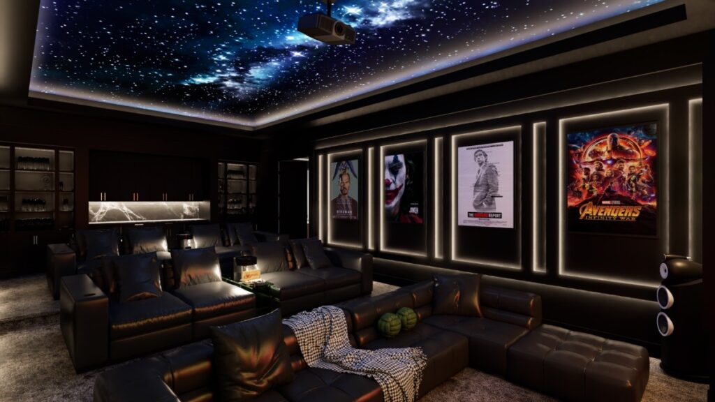 media room with movie posters