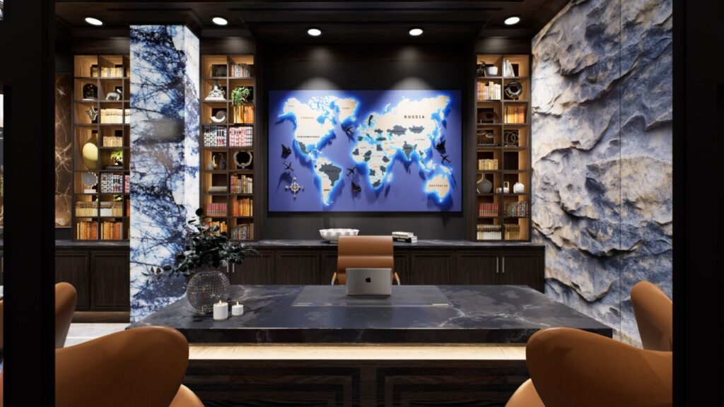 study with desk and world map