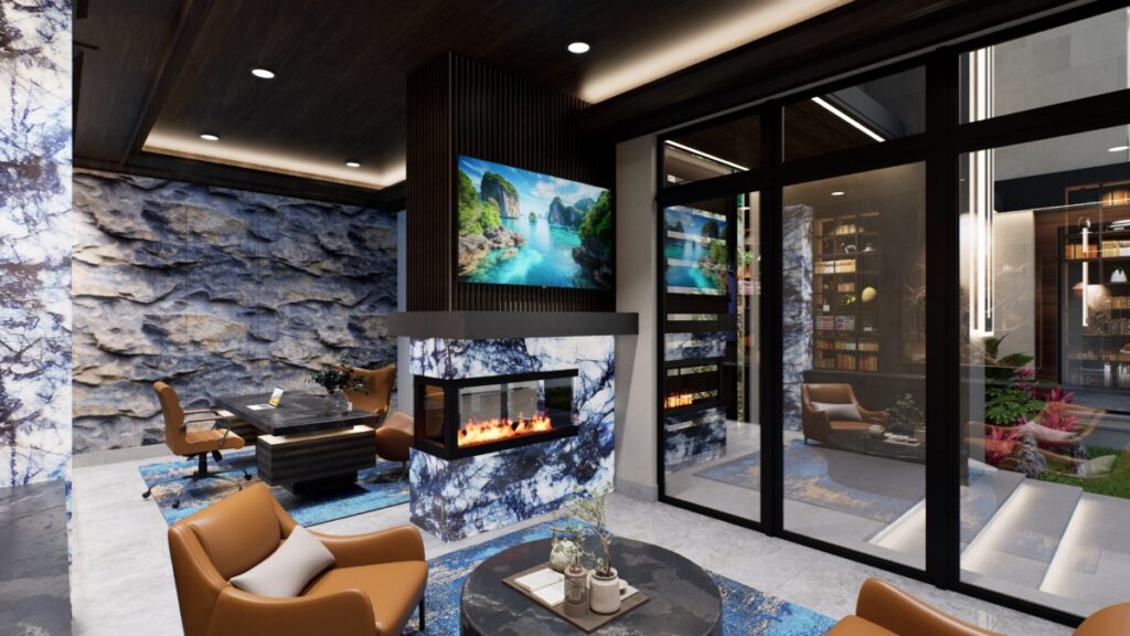 study with built-in fireplace